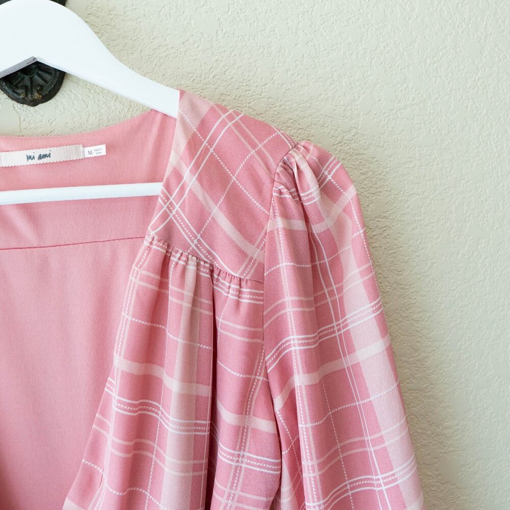 Mi Ami Pink Plaid Wrap Dress Womens M Ruffle Hem Midi Cottagecore Puff Sleeve - Picture 5 of 13